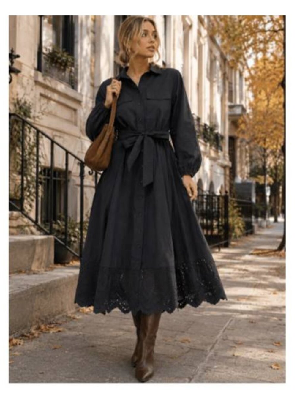 Womens Elegant Long Sleeve Eyelet Hem Maxi Dress 100% Cotton Party Whimsy Black